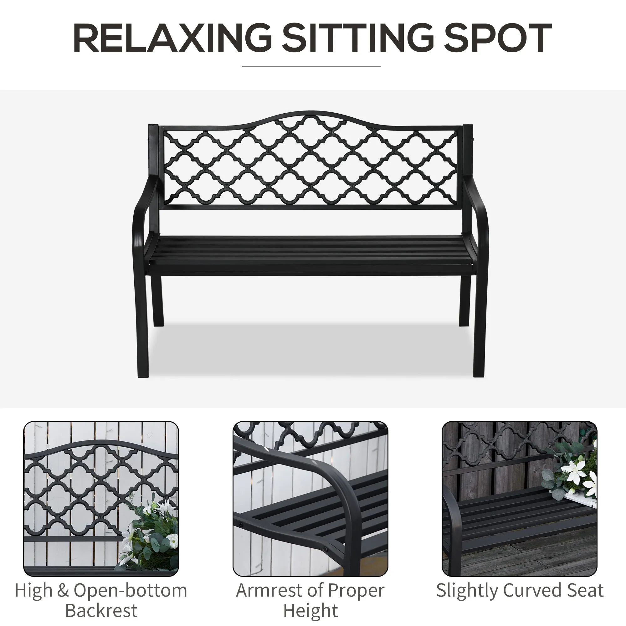 2-Seater Outdoor Garden Bench Cast Iron Antique Park Loveseat Chair with Armrest for Yard, Lawn, Porch, Patio, Steel