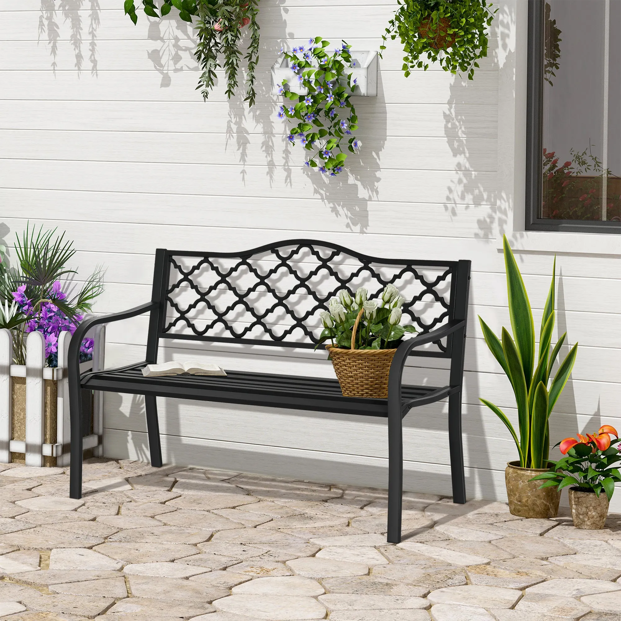 2-Seater Outdoor Garden Bench Cast Iron Antique Park Loveseat Chair with Armrest for Yard, Lawn, Porch, Patio, Steel