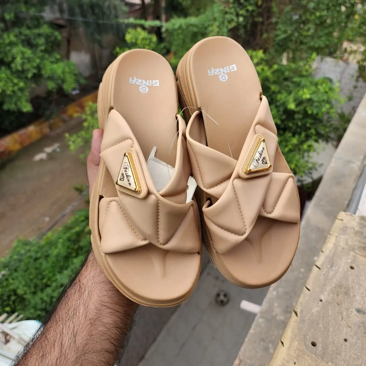 Beige Cross Pattern Slides