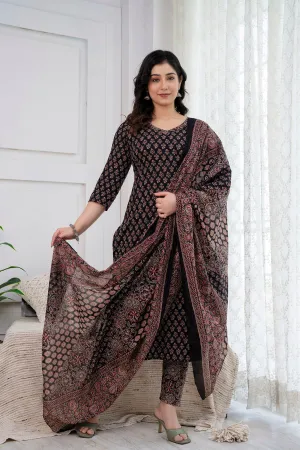 Black Printed Straight Kurta and Trouser With Dupatta