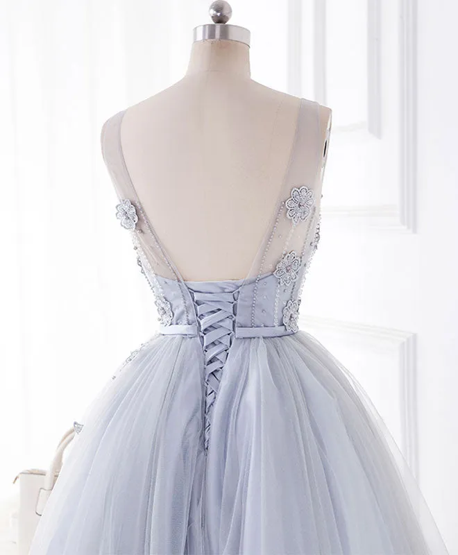 Cute Gray Round Neck  Lace Tulle Short Prom Dress, Homecoming Dress