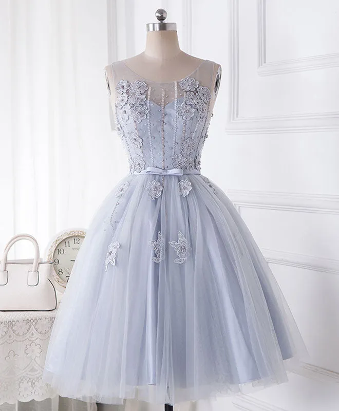 Cute Gray Round Neck  Lace Tulle Short Prom Dress, Homecoming Dress