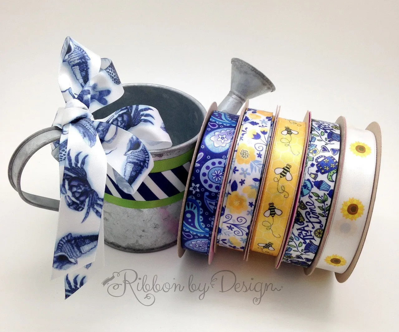 Floral ribbon blue and yellow for Mother's Day, bridal shower, gift wrap, party favors, party decor, cookies, printed on 5/8" white satin