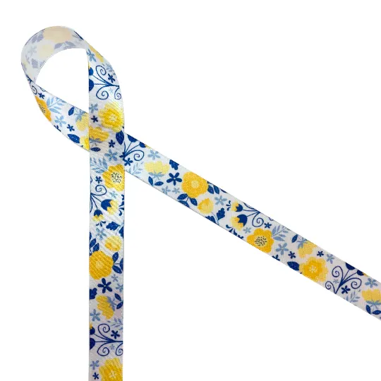 Floral ribbon blue and yellow for Mother's Day, bridal shower, gift wrap, party favors, party decor, cookies, printed on 5/8" white satin