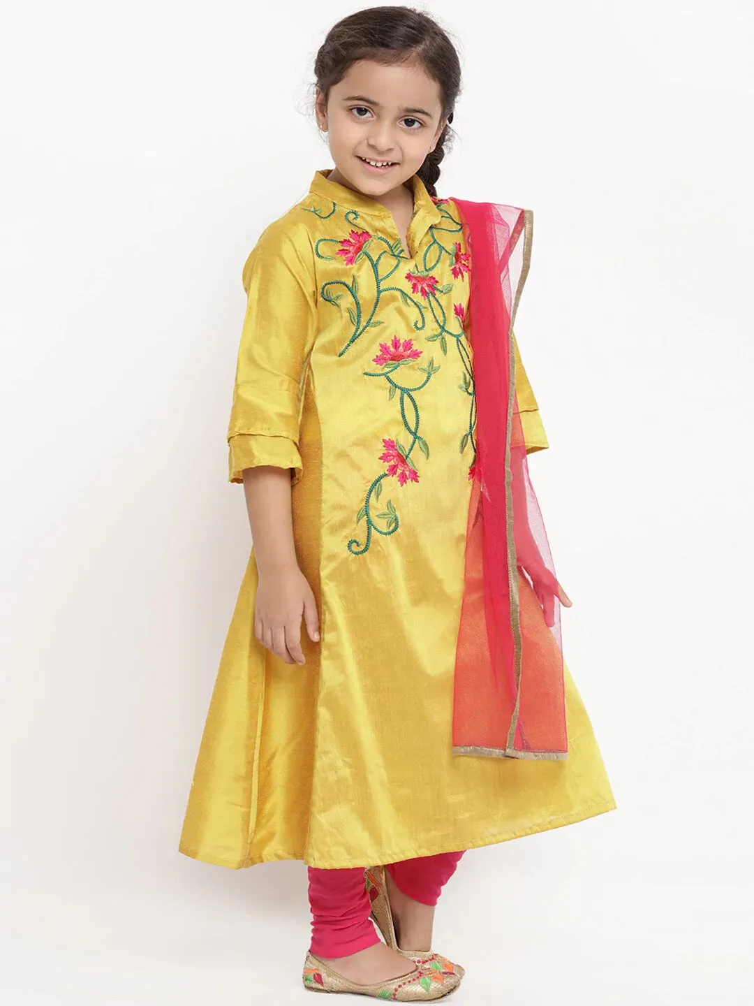 Girls Mustard & Pink Embroidered Kurta With Churidar & Dupatta