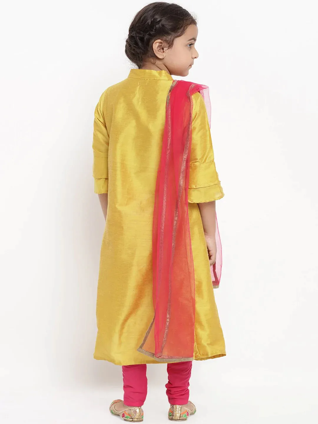 Girls Mustard & Pink Embroidered Kurta With Churidar & Dupatta