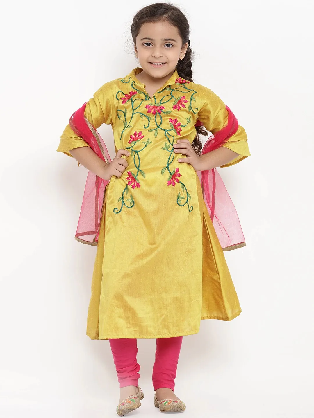 Girls Mustard & Pink Embroidered Kurta With Churidar & Dupatta