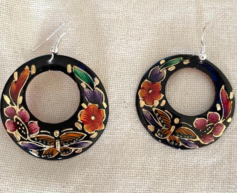 Hand painted "Laca" and Copper Hoop Earrings