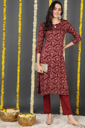 Maroon Viscose Rayon Floral Printed Straight Kurta