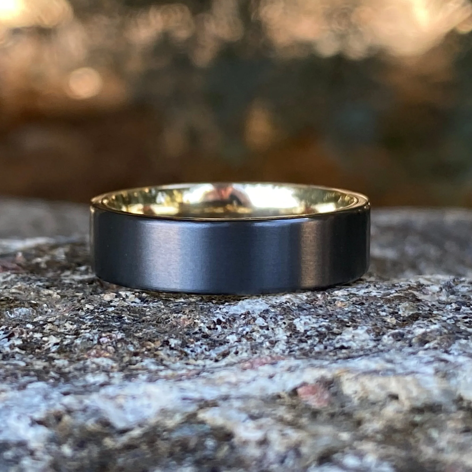 Men's Black Zirconium Ring - 6mm Mens Ring with 14k Yellow Gold Sleeve - Comfort Fit - Mens Wedding Bands