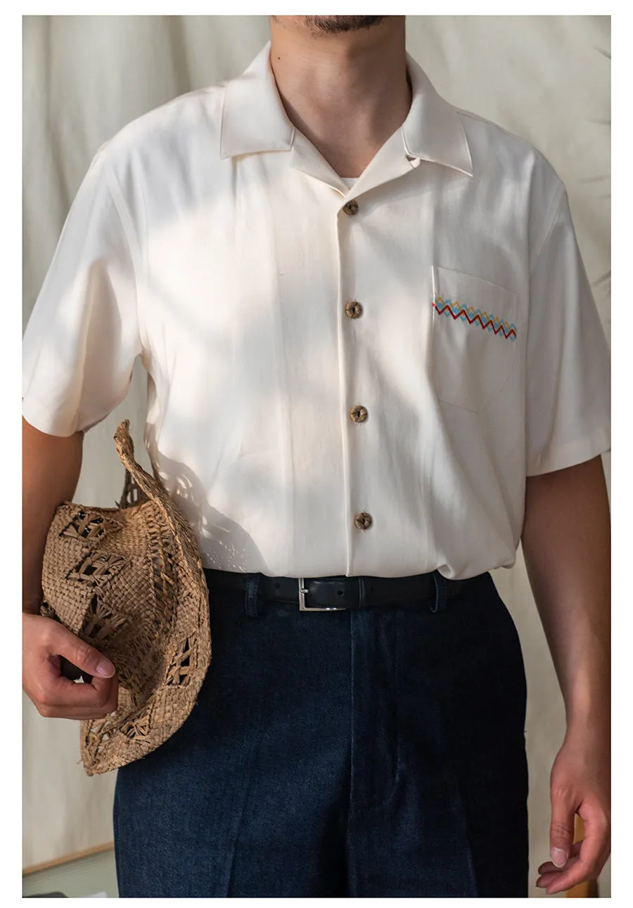 Men's Cactus Embroidery Cuban Collar Shirt