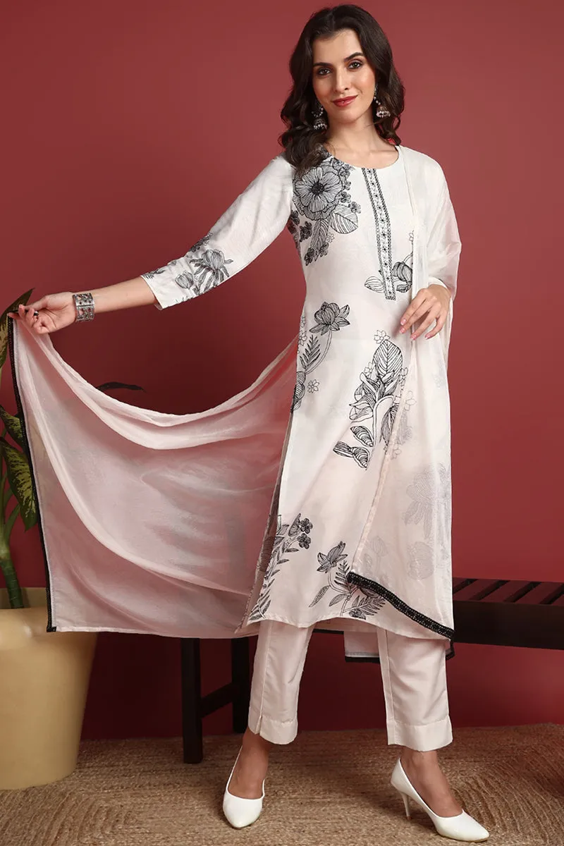 Off White Silk Blend Floral Printed Straight Suit Set