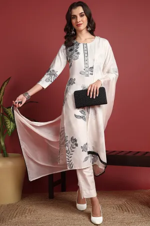 Off White Silk Blend Floral Printed Straight Suit Set