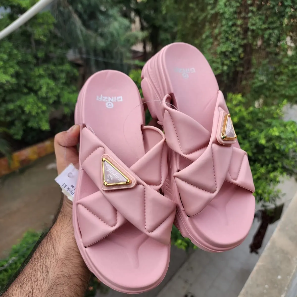 Pink Cross Pattern Slides