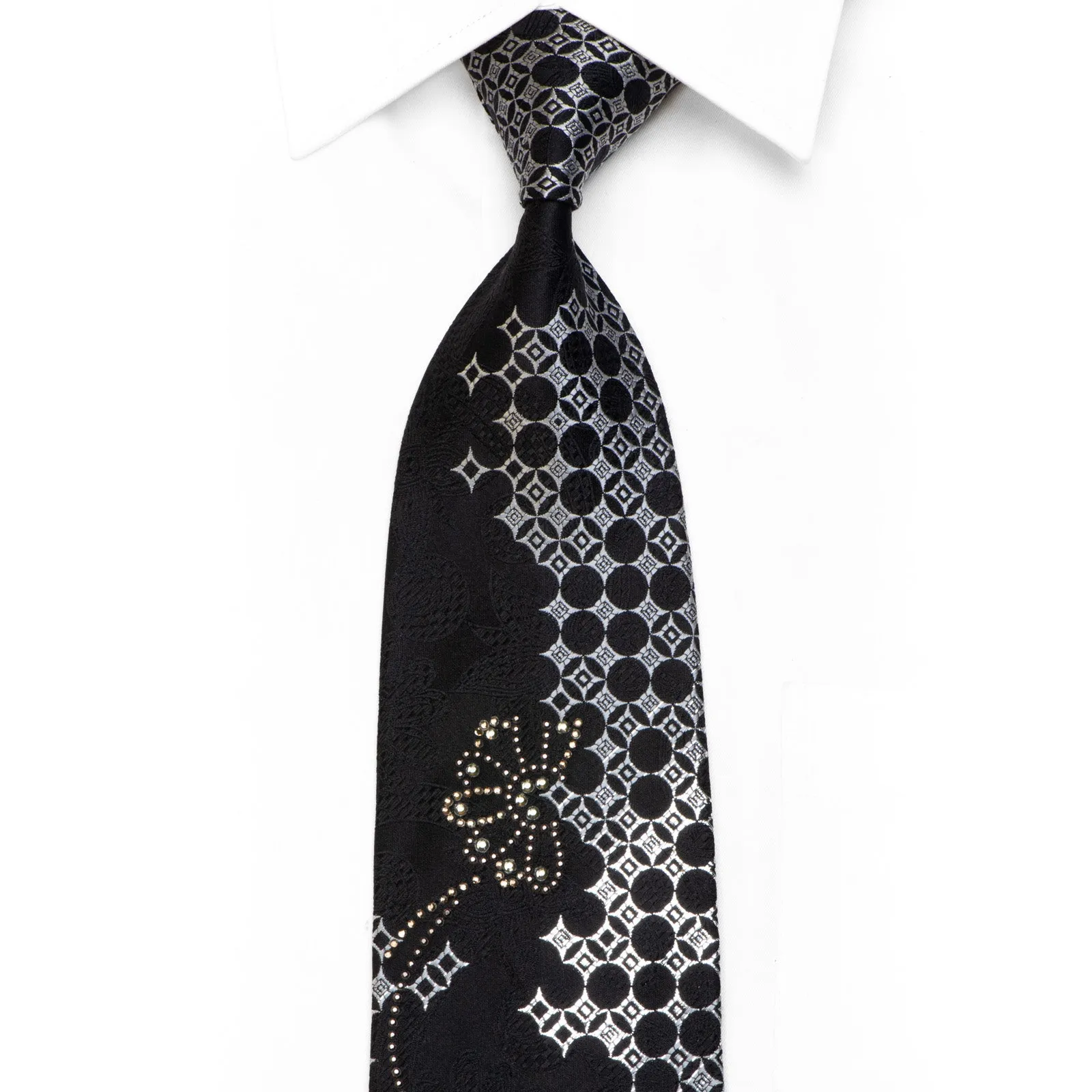 Remizio Rhinestone Silk Tie Silver Geometric Floral On Black With Silver Sparkles