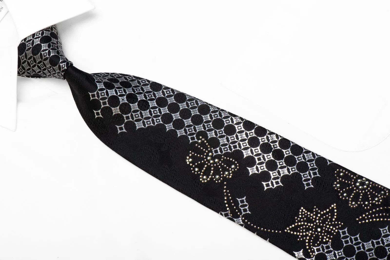 Remizio Rhinestone Silk Tie Silver Geometric Floral On Black With Silver Sparkles