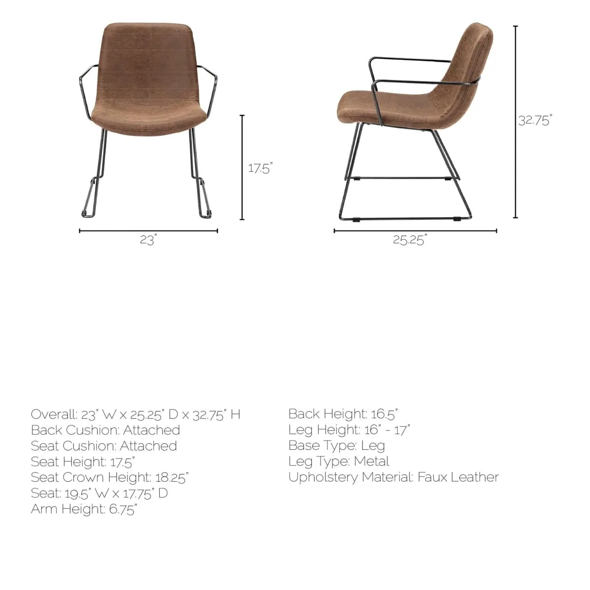 Sawyer Dining Chair Brown Faux Leather | Black Metal (Armchair)