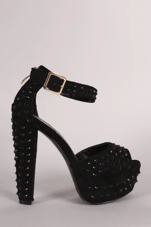 Suede Studded Spike Peep Toe Ankle Strap Chunky Platform Heel