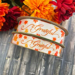 Thanksgiving Grateful ribbon with tossed Fall leaves in orange and yellow printed on 5/8" and 7/8"  antique white satin