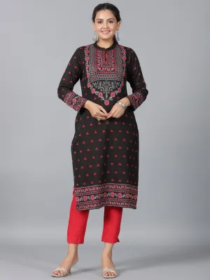 Women Black Printed Woolen Straight Kurta