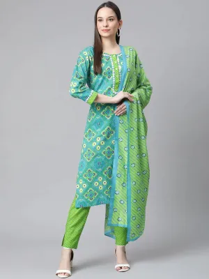 Women Blue & Green Ethnic Motifs Printed Pure Cotton Kurta With Trousers & Dupatta