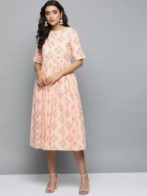 Women Peach Floral Printed Round Neck A-Line Dress