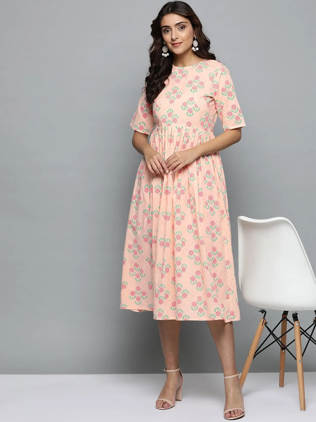 Women Peach Floral Printed Round Neck A-Line Dress