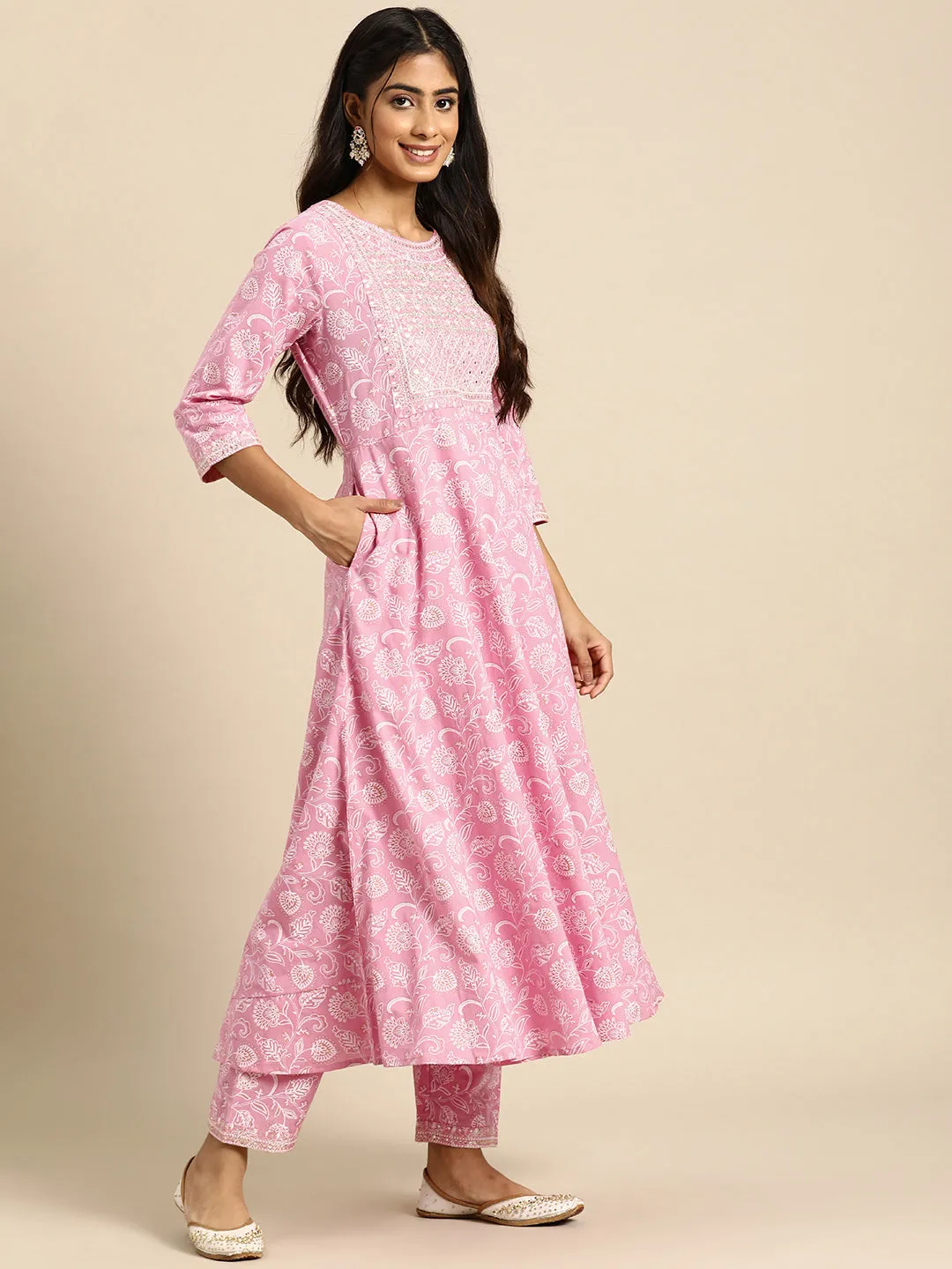 Women Pink Embroidered Anarkali Kurta With Trouser And Dupatta