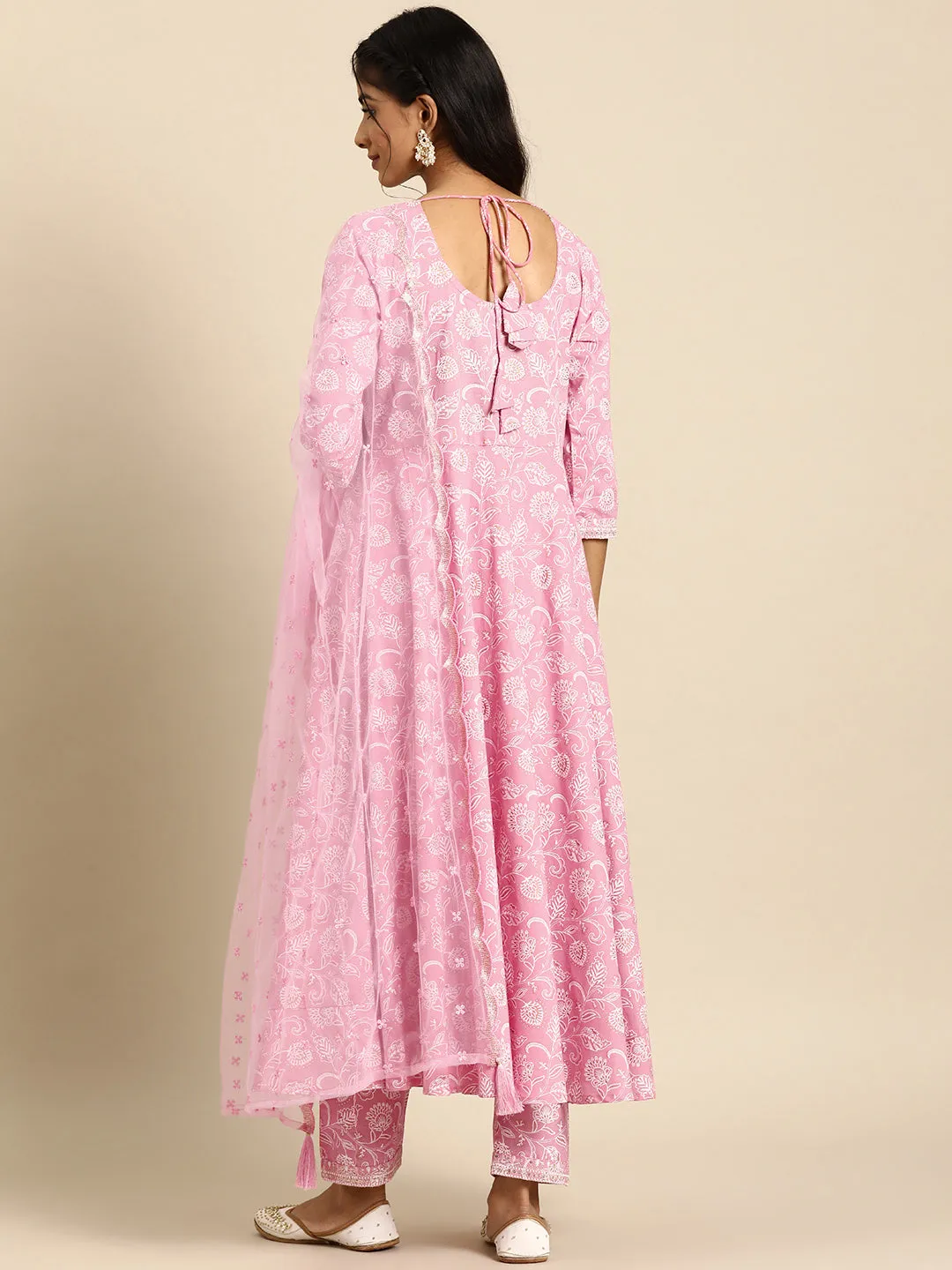 Women Pink Embroidered Anarkali Kurta With Trouser And Dupatta