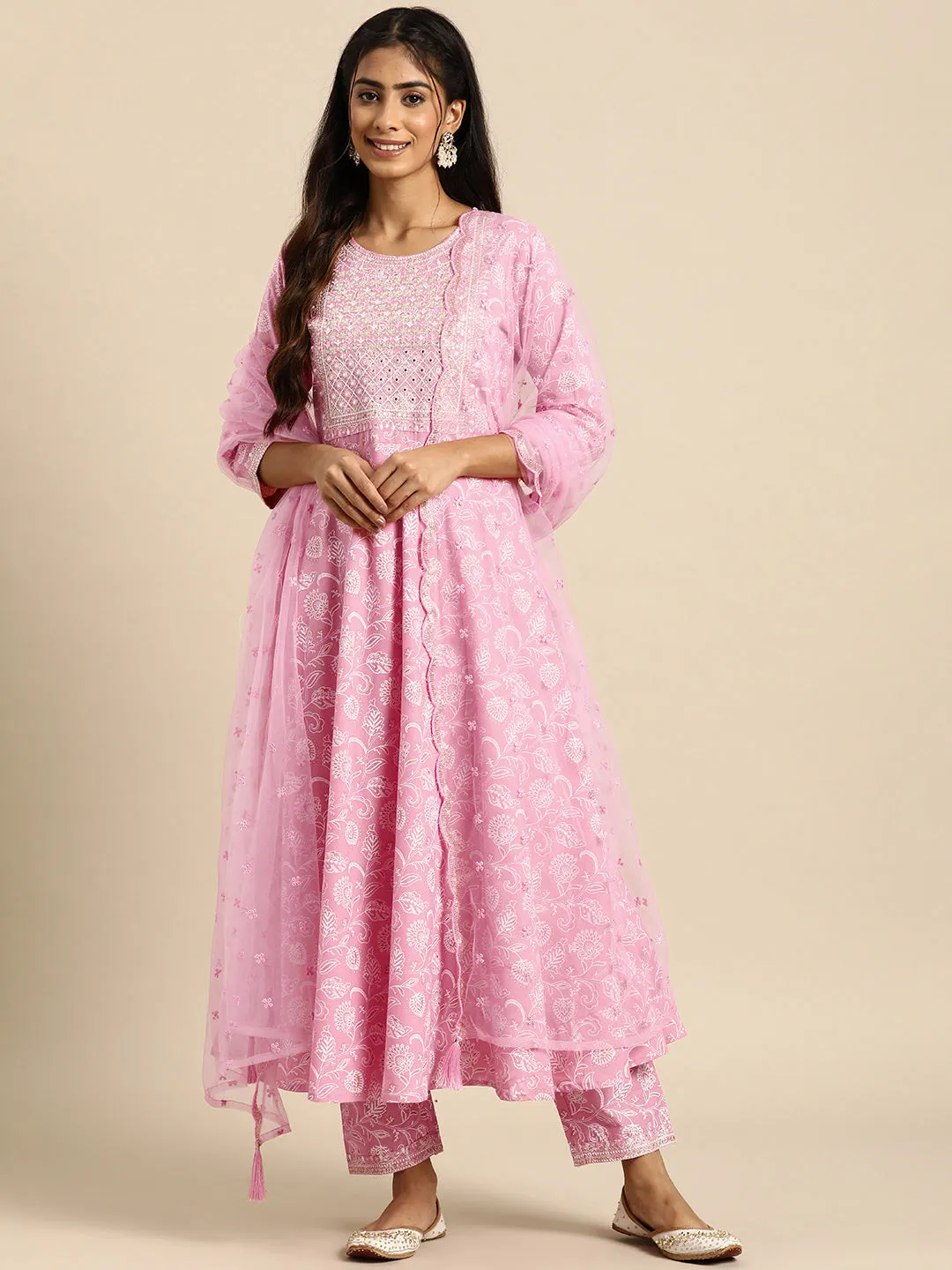 Women Pink Embroidered Anarkali Kurta With Trouser And Dupatta