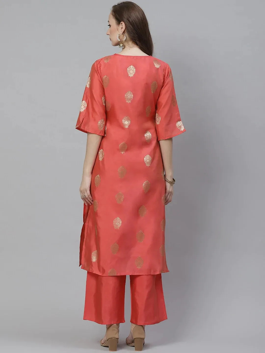 Women'S Coral Pink & Golden Woven Design Kurta With Palazzos