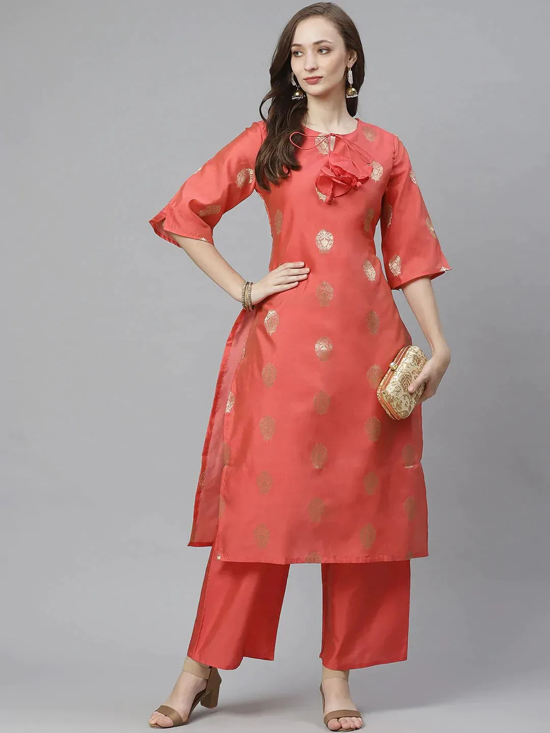 Women'S Coral Pink & Golden Woven Design Kurta With Palazzos