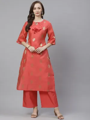 Women'S Coral Pink & Golden Woven Design Kurta With Palazzos