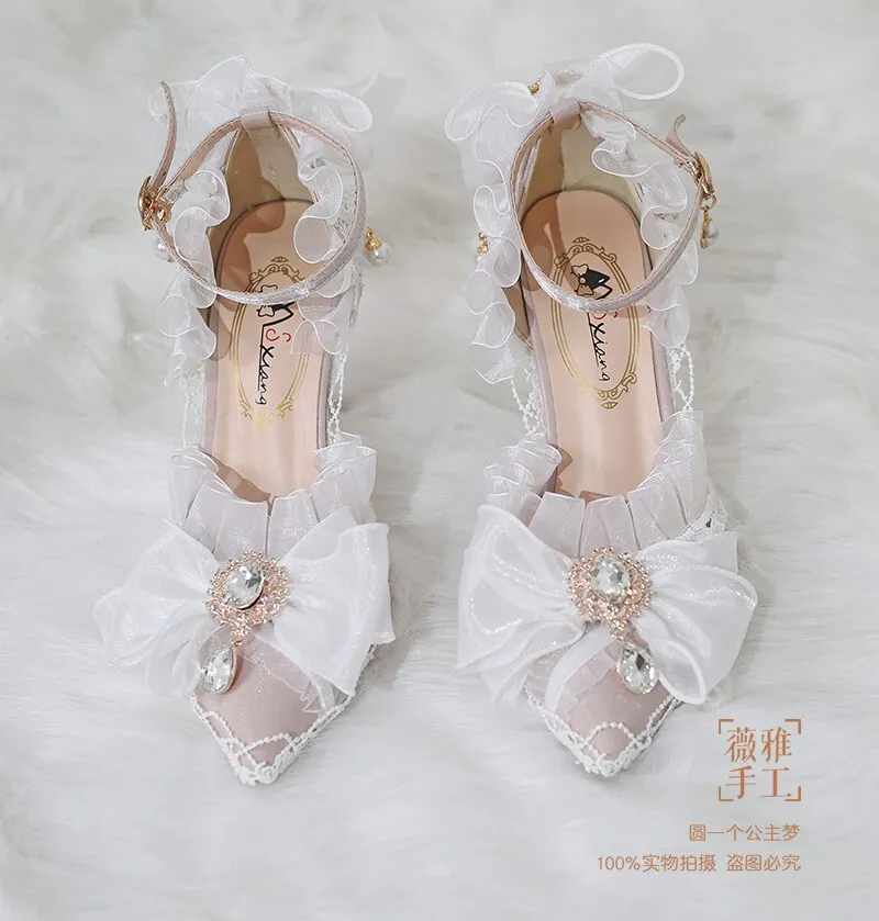 xiangtuibao Kawaii Girl Tea Party White Lace Bowknot Diamond Lolita Shoes Victoria Princess Pointed Sandals High Heel Cos Lolita Shoes